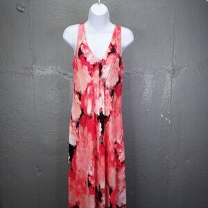 T Tahari Maxi Dress Women's Med Red Pink Black Abstract Floral Long Sleeveless
